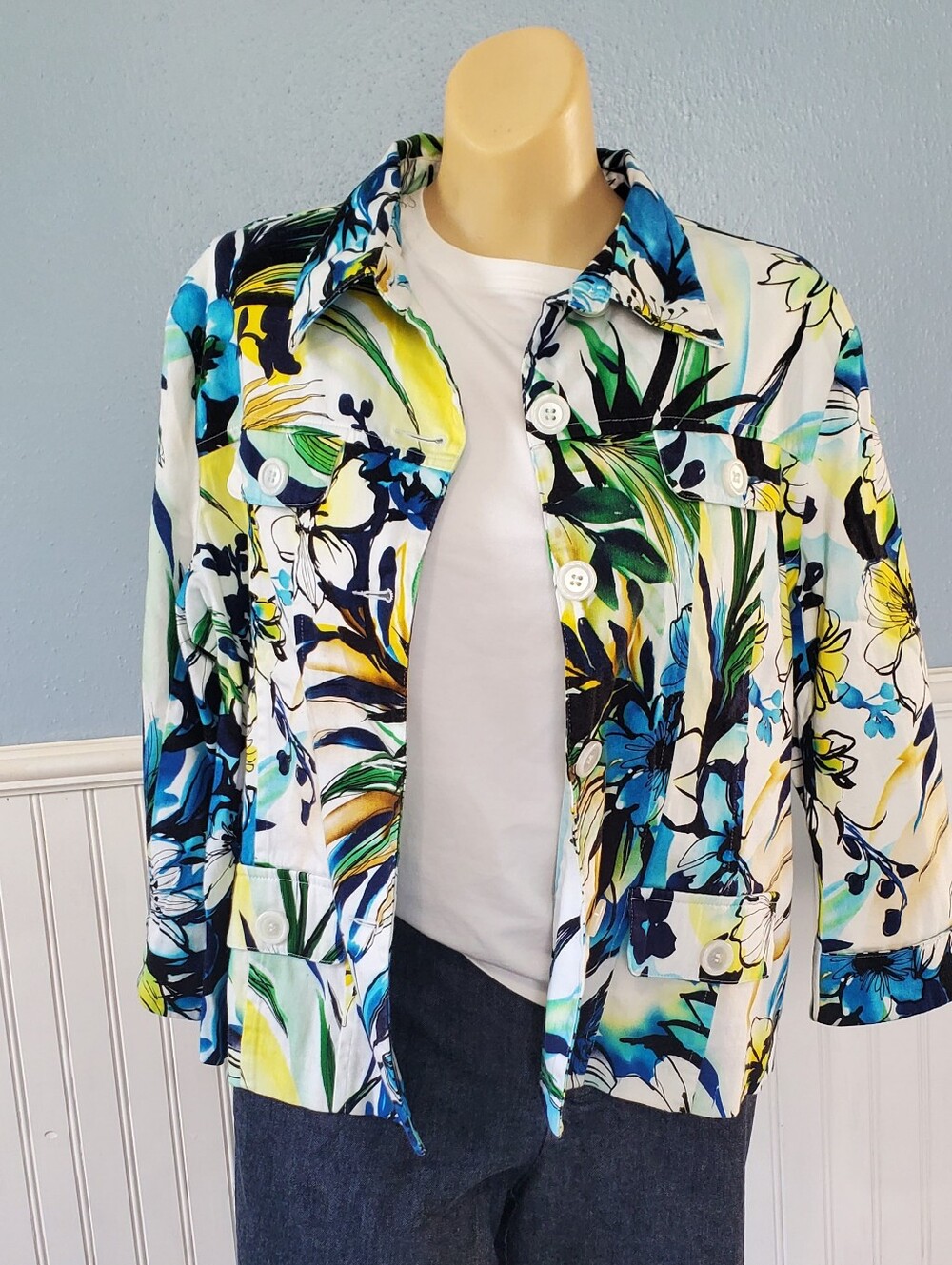 Floral Button-Front Cotton Blend Shirt Jacket - Blue/Green Print